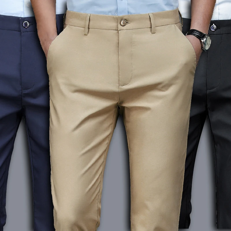 Лето-Осенние тонкие брюки, мужские деловые костюмные брюки, рабочие брюки, качественные деловые повседневные брюки, черные, винно-красные длинные брюки