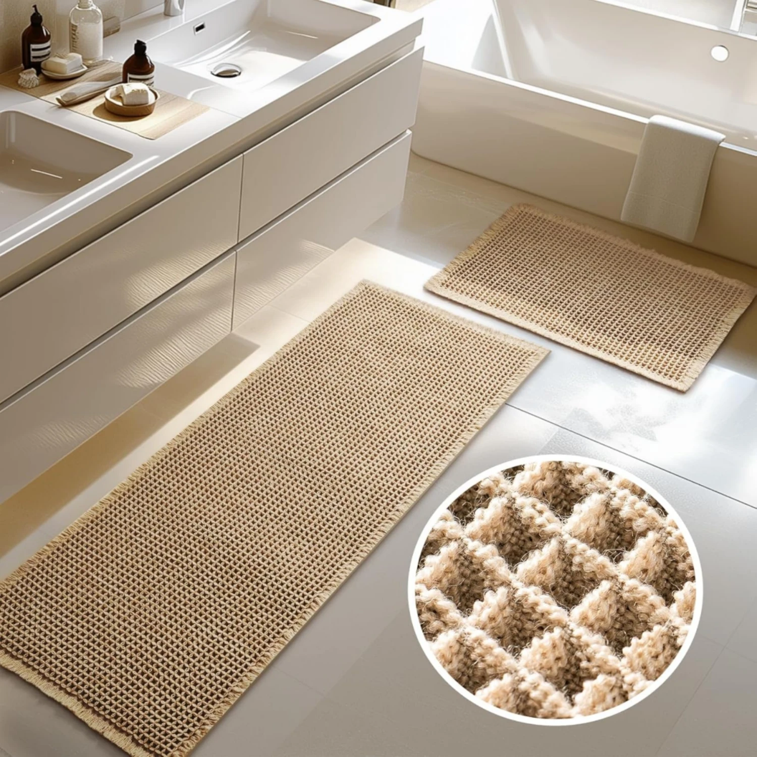 

Waffle Bath Mat Rug Super Absorbent Non Slip Bath Mats Ultra Soft Bathmat Machine Washable Bathroom Rugs with Tassels