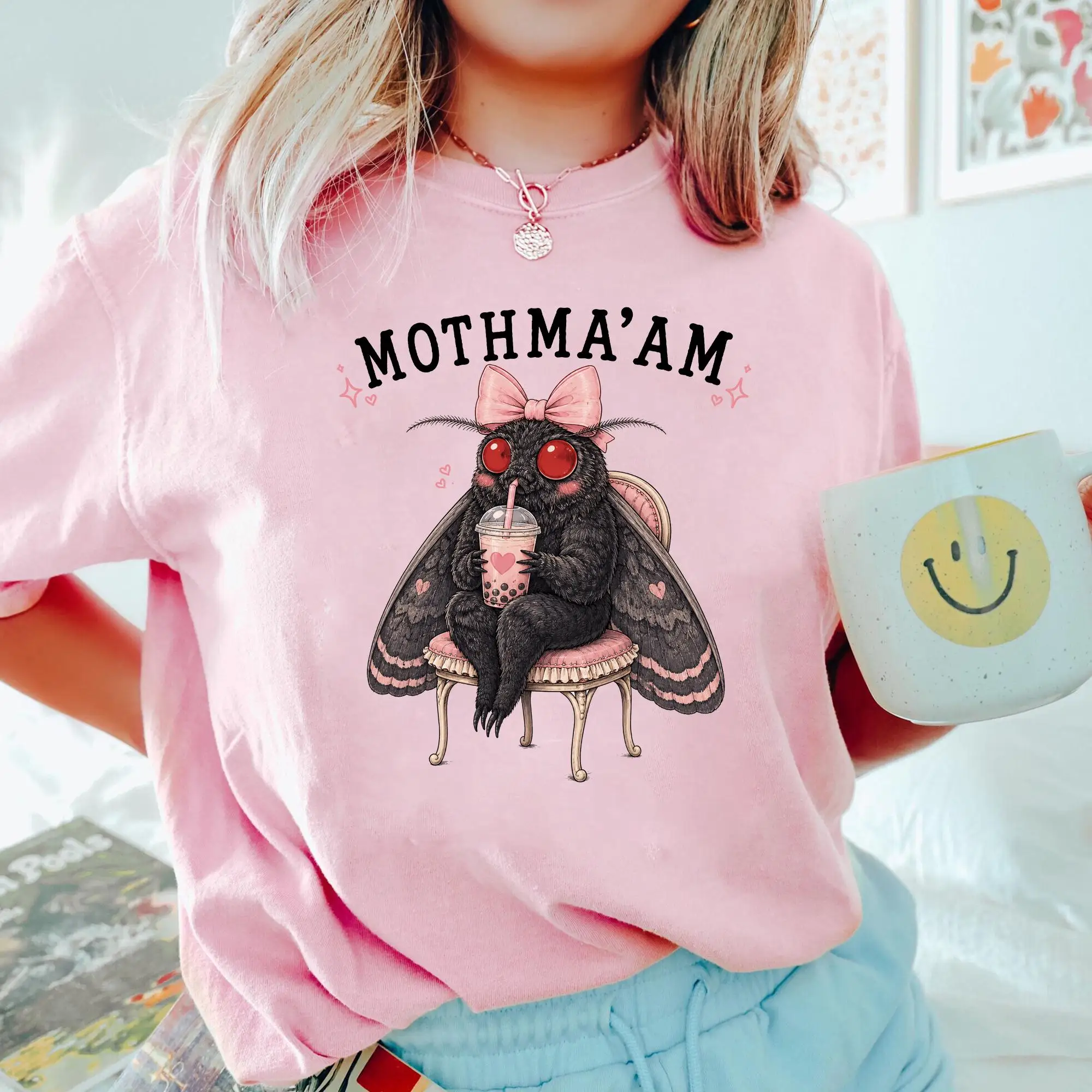 Mothma am Shirt, Cute Mothman tshirt, Pink Bow Cryptid, Coquette Mothman Gift, Funny Cryptid Lover, Pastel Gothic Aesthetic