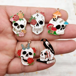 10pcs Flower Skull Charm for Jewelry Making Enamel Earring Phone Keychain Pendant Diy Accessories Alloy Metal Gold Plated