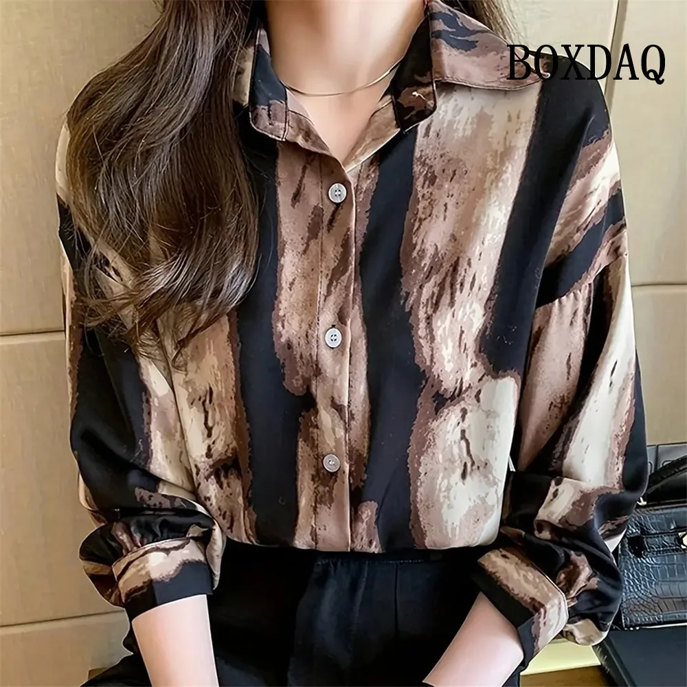 Women Casual Blouse Long Sleeve Tie Dye Striped Print Shirt Vintage Office Lady Tops Feminine Clothes 2025 Fashion Elegant Women