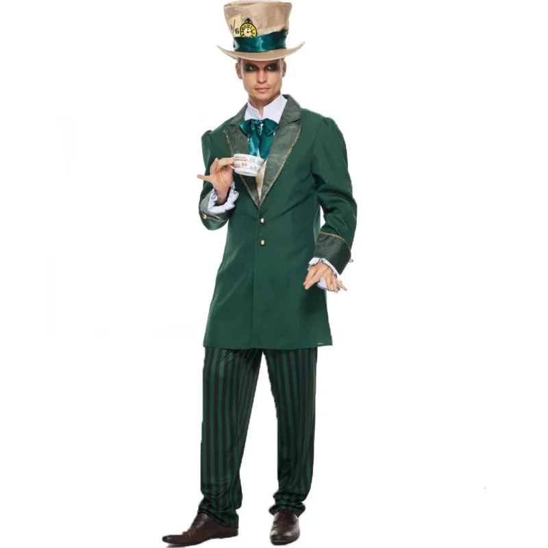 

qq 123Alice In Wonderland Costume Mad Hatter Green Uniform Suit For Adult Men Halloween Carnival Party performance Clown Clothes