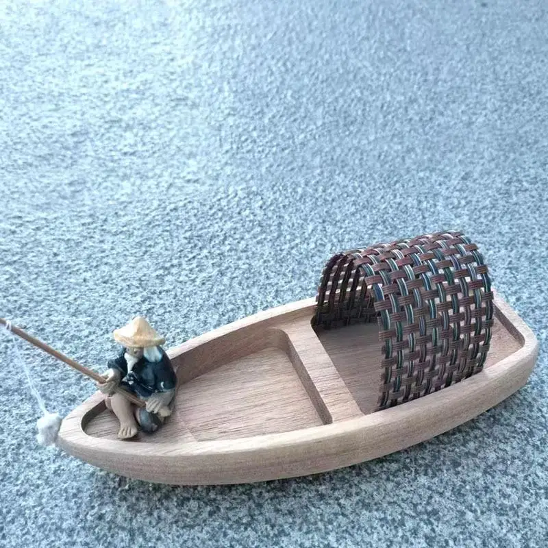 Modelo de Barco de Madera con Paisaje Oceánico, Mini Canoa, Decoración Vintage, Barco de Pesca Decorativo, Artesanía, Miniaturas, Adornos de Barco