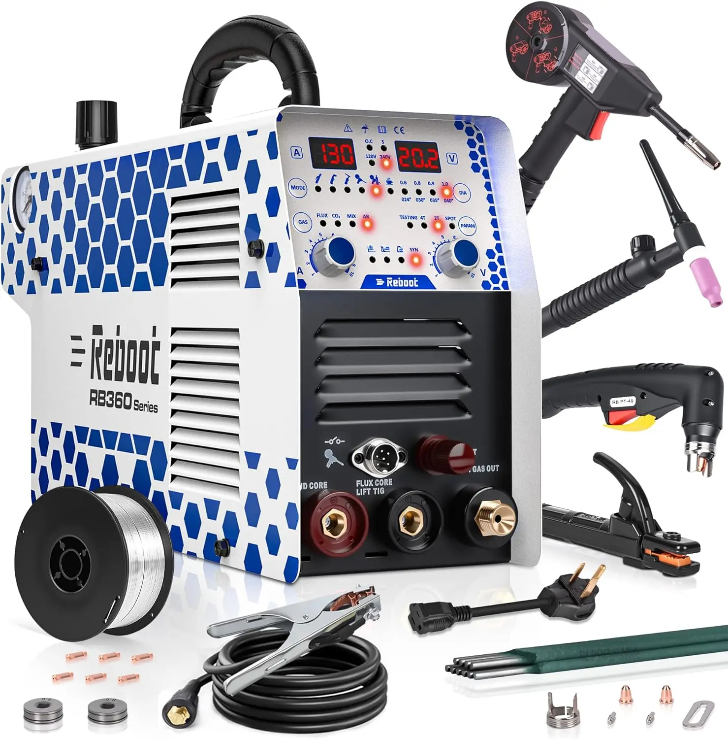 Reboot 130A 7-in-1 MIG Plasma Combo Welder, Gas MIG/Flux Core/Aluminum/Cut/Stick/Lift TIG, 120/240V Dual Voltage,Spool Gun Ready