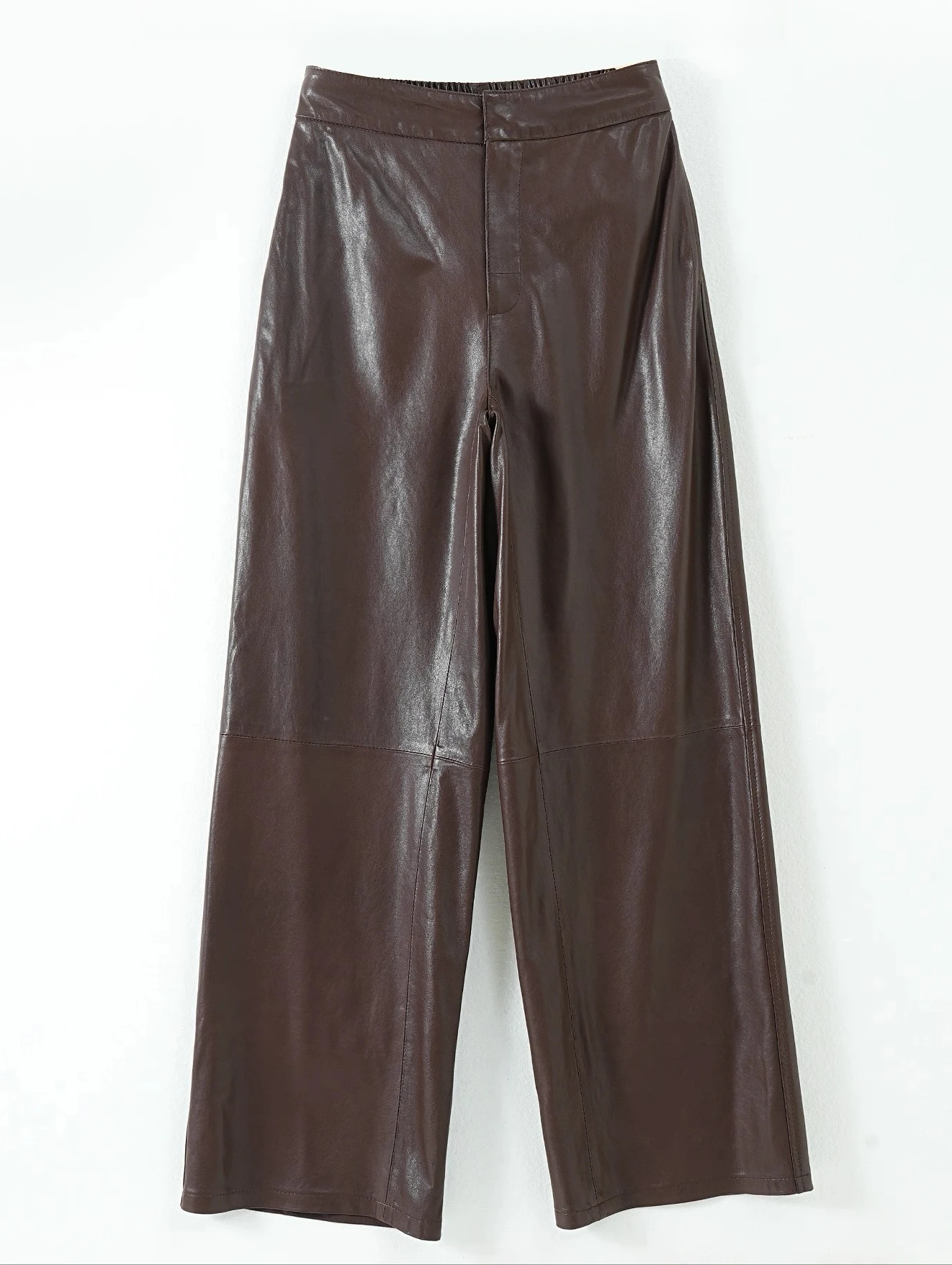 Fashion 2025 Leather Long Pants Women New Commuter Waist Slim Sheepskin Wide Leg Full Length Straight Cylinder Trousers