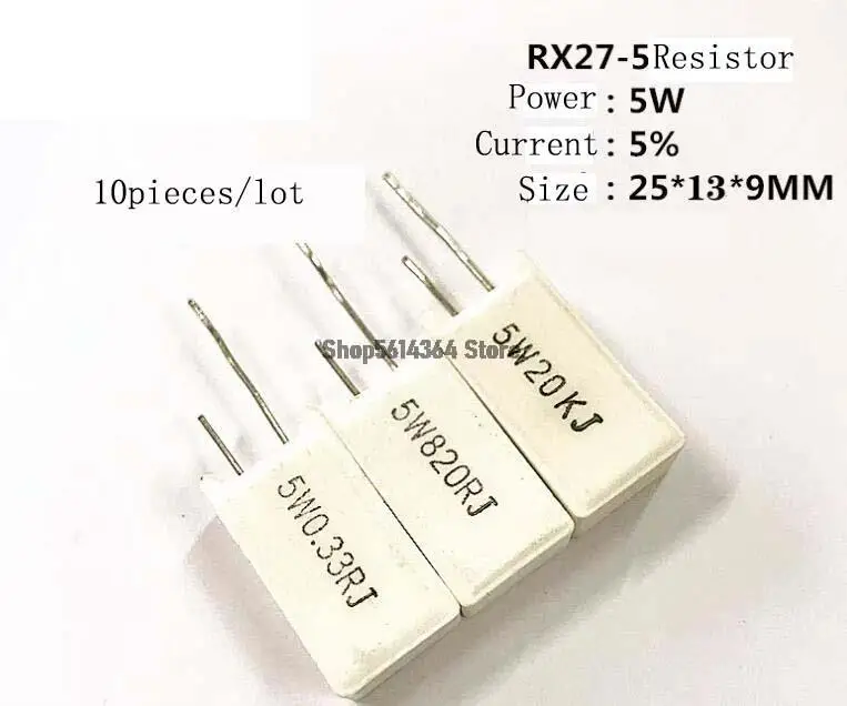 10pieces RX27-5 5W 5% 0.5R 1R 2R 5R 3.9R 10R 47R 51R 68R 82R 100R 200R 300R 510R 1K 2K 3K 10K 20K Vertical Cement resistance