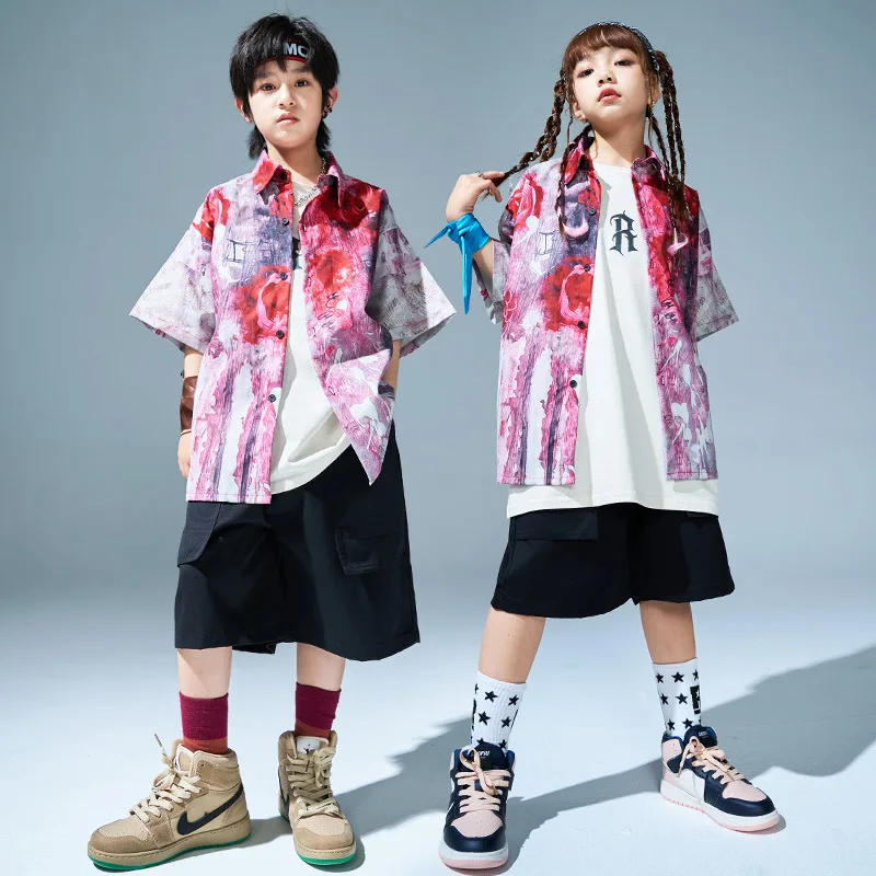 Kinder Hip Hop Kleidung Sets Krawatte Gefärbt Kurzarm Shirt Schwarz Shorts Jungen Street Dance Kostüm Mädchen Jazz Performance Anzug