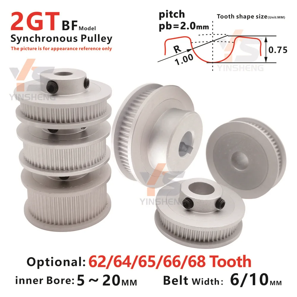 

2GT BF Type 62 64 65 66 68 Teeth Synchronous Wheel G2M Stepper Motor Pulley Belt Width 6 10 MM Keyway Bore 5 To 20 MM 3D printer