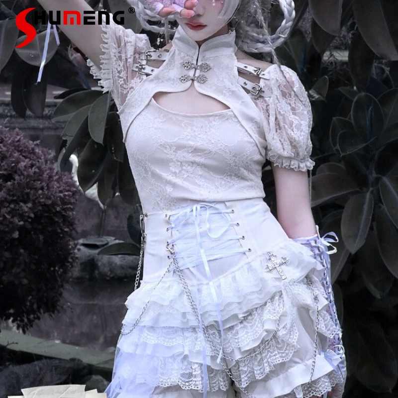 

Japanese Style Mini Skirts Gothic Punk Spring Autumn Dark Chain Lace Strap Versatile Pantskirt Short Skirt Women's Cute Culottes