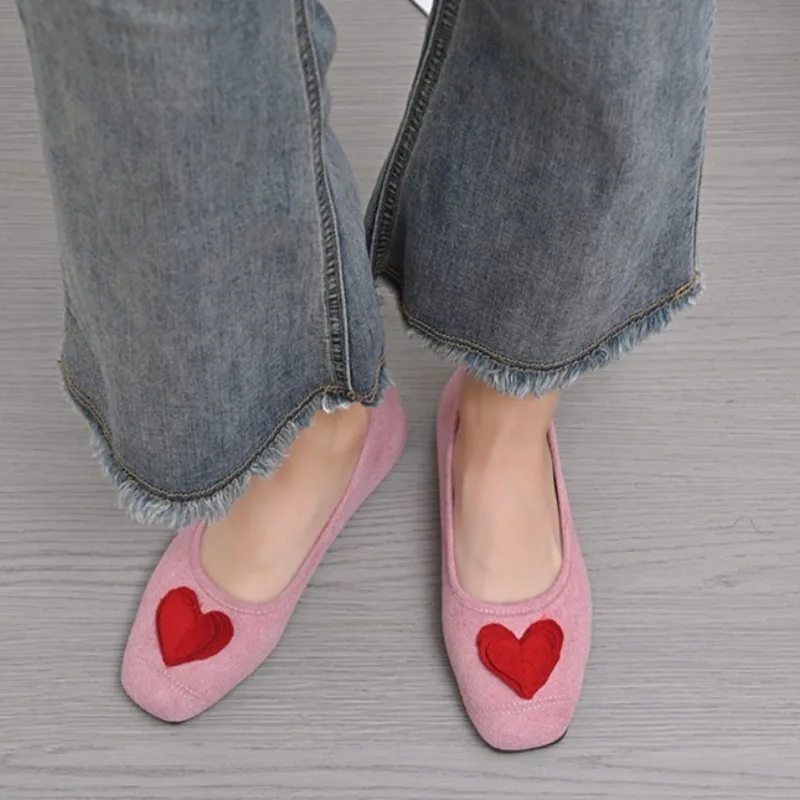 New Low Heeled Single Shoes Spring and Autumn Square Toe Shallow Mouth Love Soft Sole Non-slip Low Top Shoes