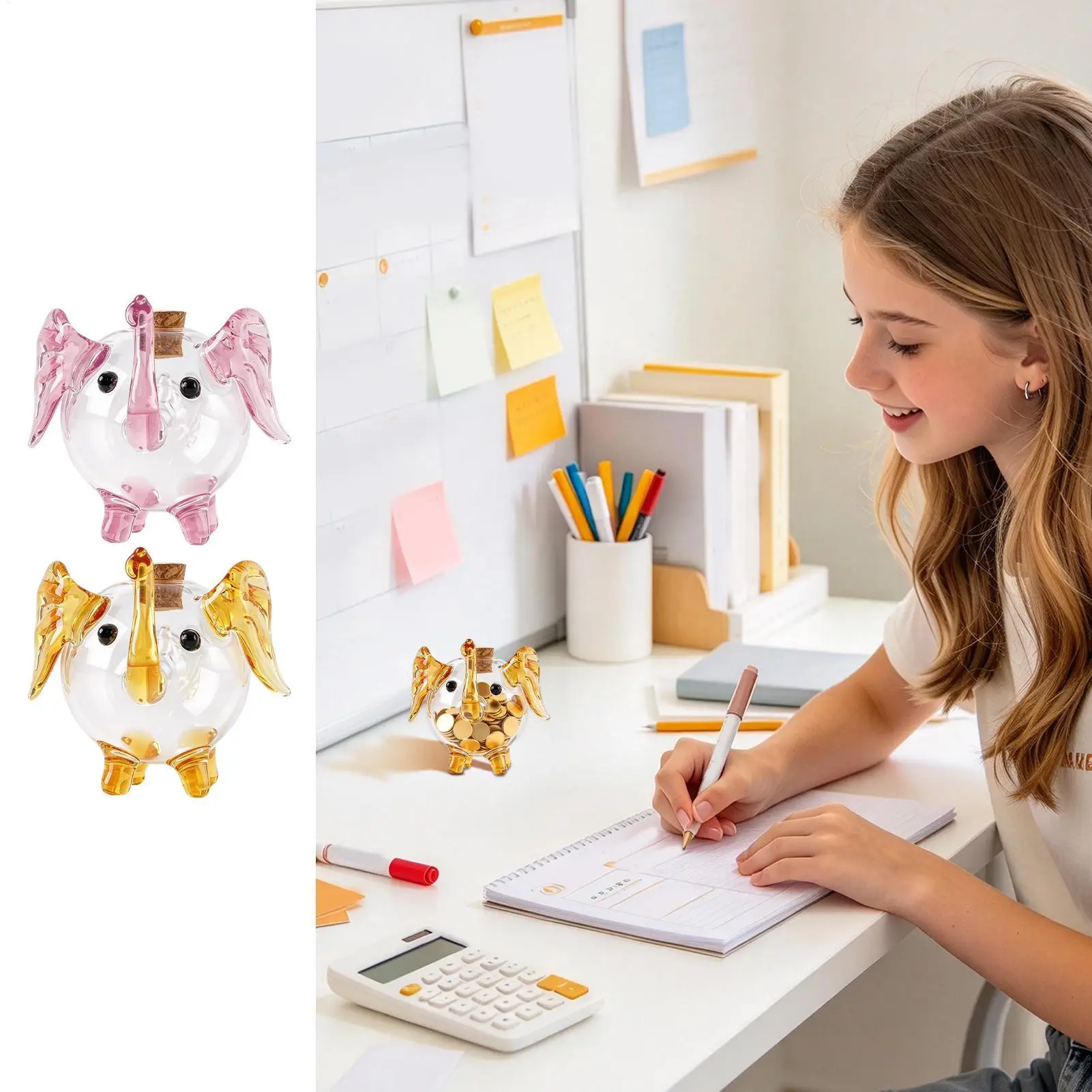 Elephant Money Bank Clear Glass Animal Saving Storage Box Change Jar For Kids Adults Teens Boys Girls Gold Beans Birthday Desk