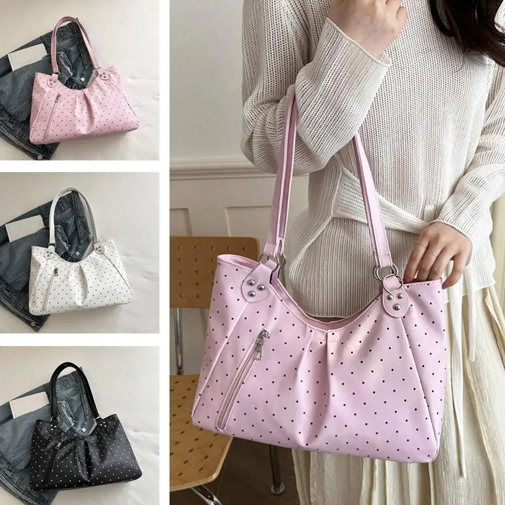 Damen-Umhängetasche, Vintage-Polka-Dot-Design, Pendler-Tragetasche, große Kapazität, PU-Leder-Handtasche, Unterarmtasche für Schule, Büro und den täglichen Gebrauch. – Detail 4