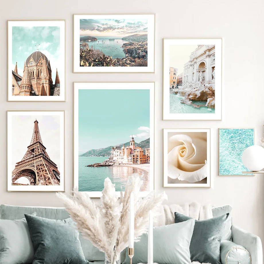 Trevi Fountain Paris Church Beach Seaside Wall Art Canvas Painting Nordic Posters And Prints Wall Pictures For Living Room Decor