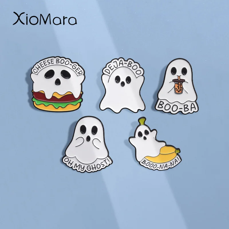 

Halloween Cute Ghost Enamel Pins Custom CHEESE BOO-GER Hamburger Milk Tea Brooches Lapel Badges Funny Jewelry Gift for Friends