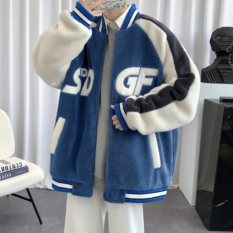 

Youth Winter Thiened Warm Cotton Jaet Lamb Velvet Baseball Coat Retro Color Blo Boys' Outerwear Casual Cleanfit Sle