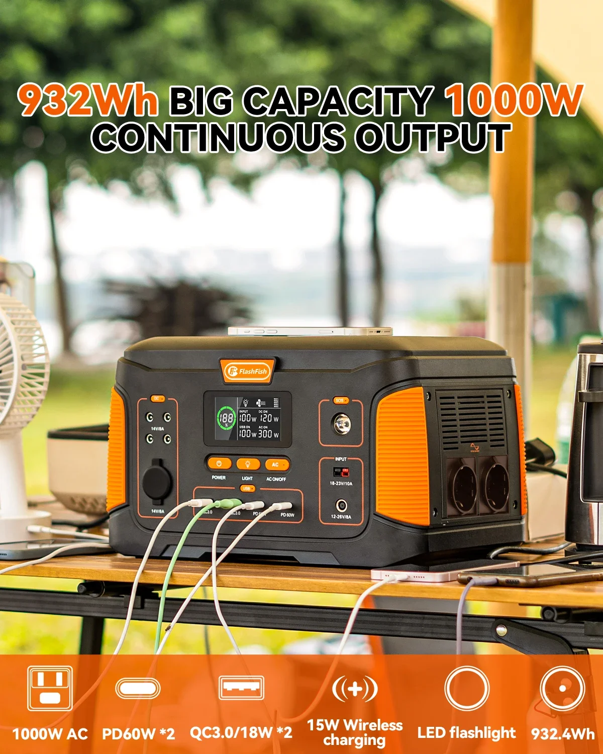 FF Flashfish 932Wh Solar Generator with 100W Foldable Solar Panel Solar Series Complete Set, 1000W Portable Power Station J1000P