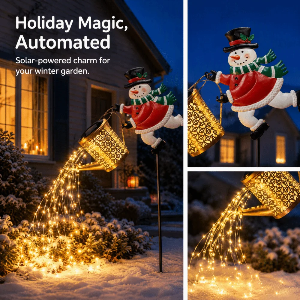 Warm LED String Christmas Snowman Light Metal Construction Outdoor Solar Powered Snowman Watering Can Decoration