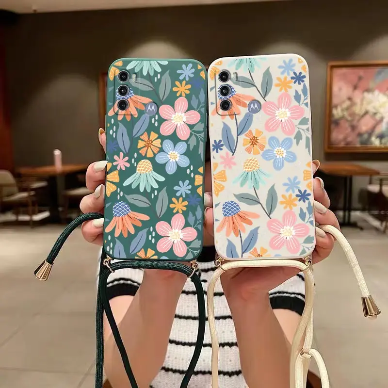 G60 Blooming Season Crossbody Lanyard Silicone Phone Case For Motorola Moto G60 G62 G100 G52 G84 G60S G30 G40F G34 G54 G42 Cover