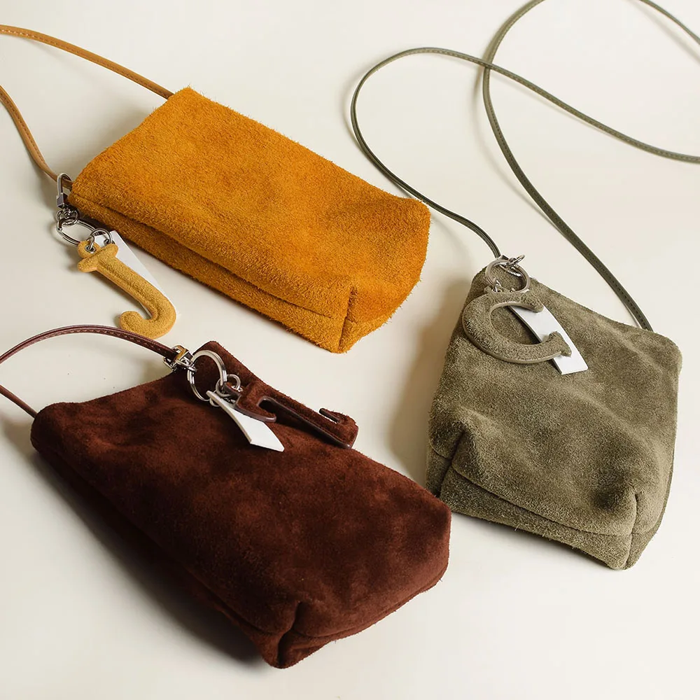 Luxury Suede Women's Phone Bag Letter Charms Small Velvet Mobile Pouch Handbag Party Daily Real Leather Lady Sling Shoulder Bag