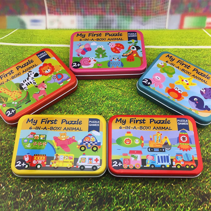 Tin Box Cartoon Kids Wooden Puzzle Cartoon Animal Traffic Tangram Wood Puzzle Toys Educational Jigsaw Toys for Children GiftS