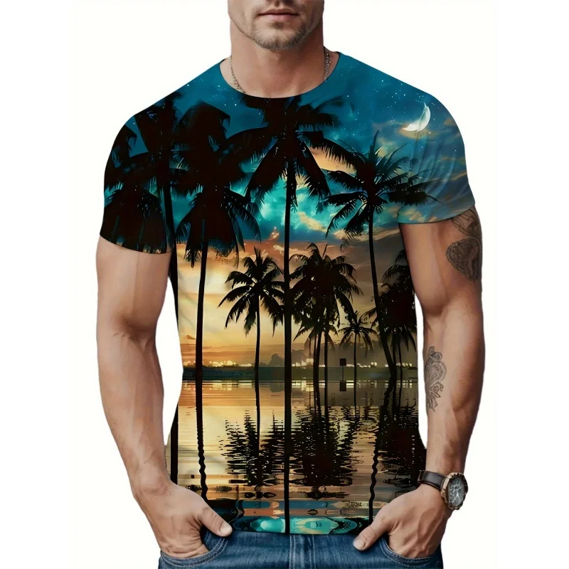 Coconut Tree Pattern T Shirt For Men Colorful Gradient 3D Printed Tees Summer Street Short Sleeve Round Neck Tops Loose T-Shirts