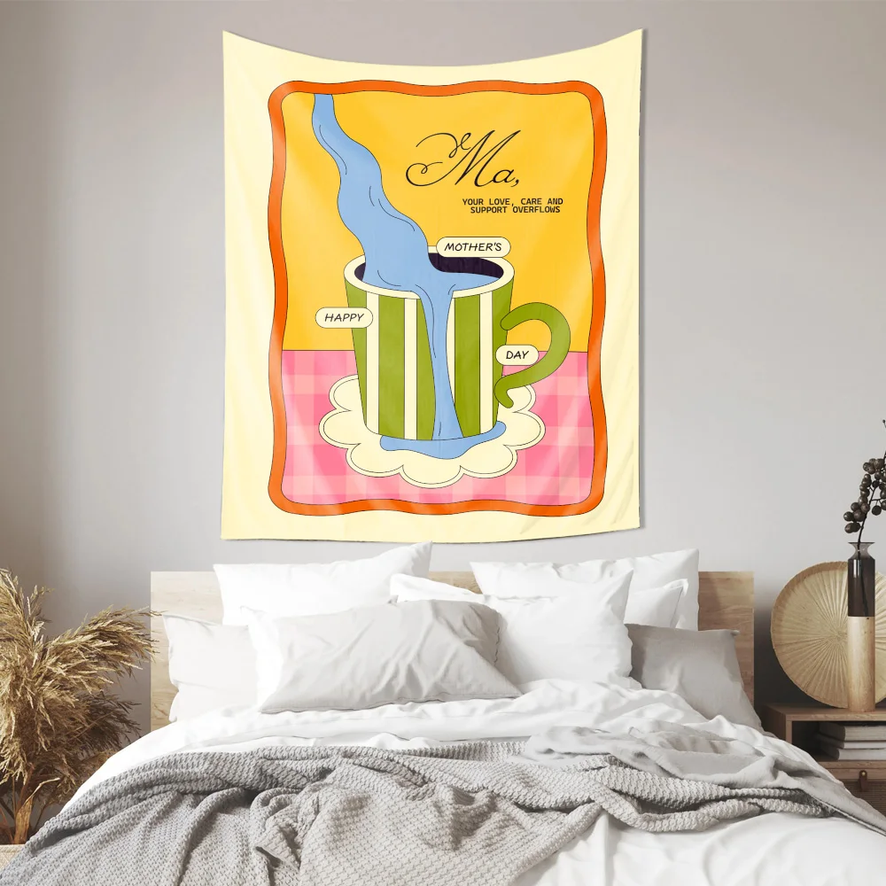 Happy Mothers Day Cup Overflowing Love Wall Tapestry Machine Washable All Season Decor Print Cute Art Design Home  non-toxic