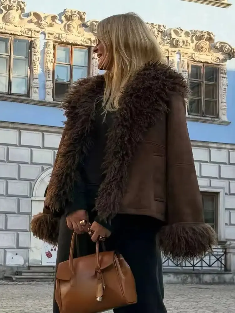 

HH зимняя женская элегантная повседневная верхняя одежда с эффектом искусственного меха, женская теплая куртка, однотонное свободное пальто с длинными рукавами и карманами с лацканами