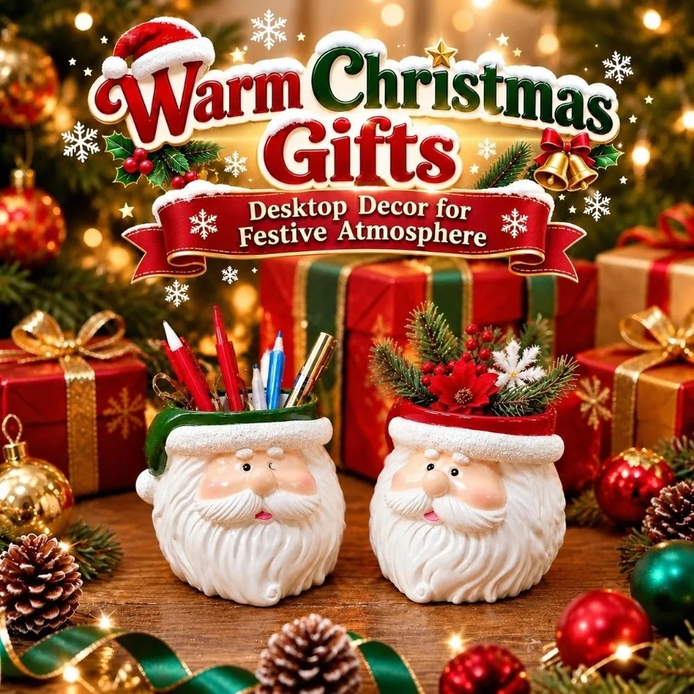 Durable Resin Christmas Resin Ornament Handpainted Details Compact Dimension Desktop Pen Holder Vivid Expression Flat Base