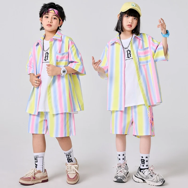 

2025 Kids Hip Hop Dance Clothes Summer Short Sleeves Shirt Shorts Boys Street Dance Outfits Girls Modern Dance Costume BL15436