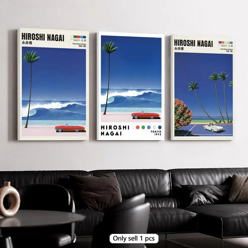 H-Hiroshi Nagai Beach Convertible Drive Framed Wall Painting Framed Canvas Wall Art Poster Solid Wood Frame Home Decor