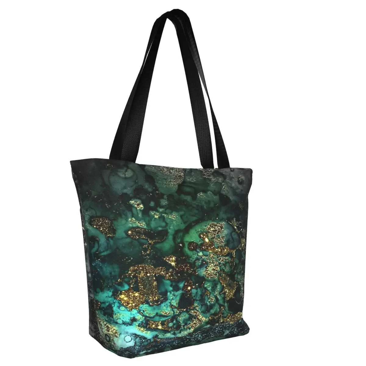 Gold Indigo Faux Malachite Marble Casual Shoulder Tote Shopping Bag Lightweight Wider Handloom For Travelling Halloween Gift