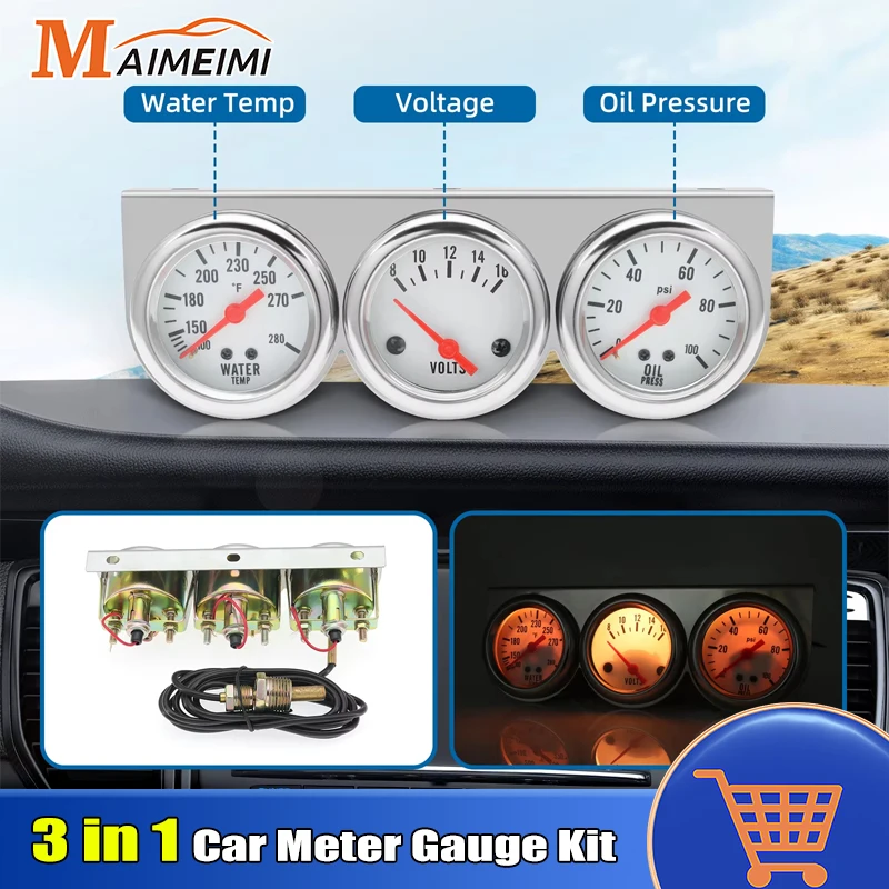 3 in 1 Triple Gauge 52mm Voltage + Water Temp + Oil Press Chrome Bezel 3-In-1 Kit Meter Mechanical Instrument For Cars Gauge