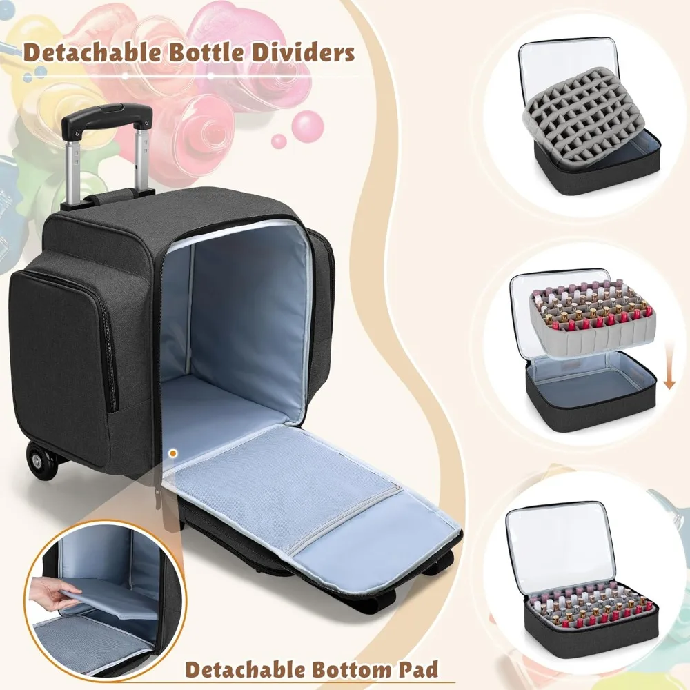 

Rolling Nail Polish Organizer Holds 144 Bottles, Nail Polish Case with a Detachable Dolly and 3 Removable Cases, Black
