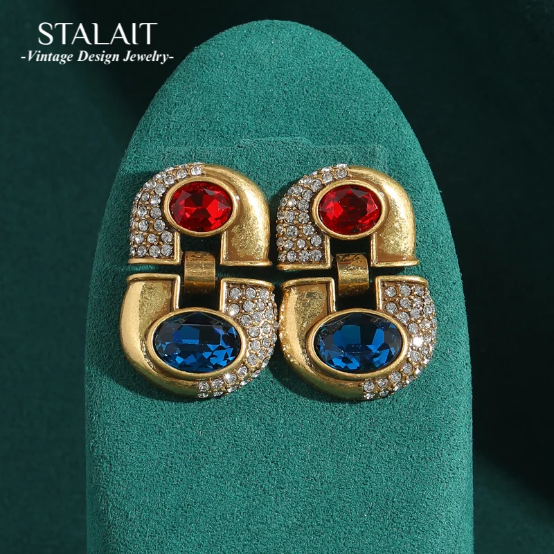 

Antique Stud Blue Earrings Jewelry Gold Color Lock Red Crystal Rhinestones Vintage Luxury For Women Designer Accessories New