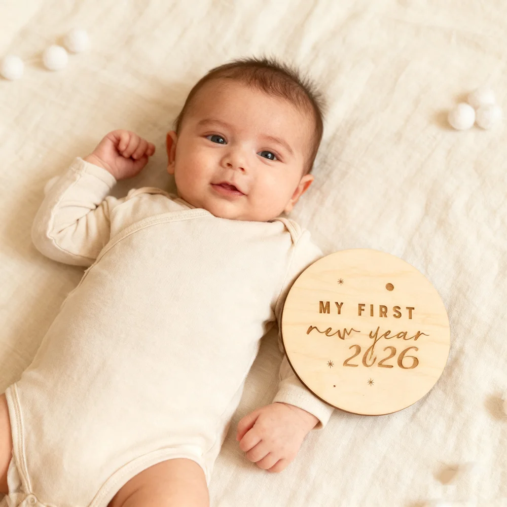 Meine erste Neujahrs-Baby-Meilensteinkarte aus Holz, erste Feiertage, Holzscheibenmarker, Holztafel, Oh Baby-Babyparty-Foto-Requisite