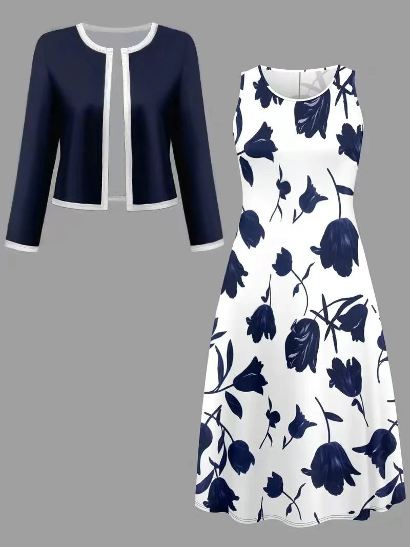 

Women's Casual Two-Piece Set - Fashionable and Elegant Long-Sleeve Patchwork Cardigan + Floral Print Fashion Dress