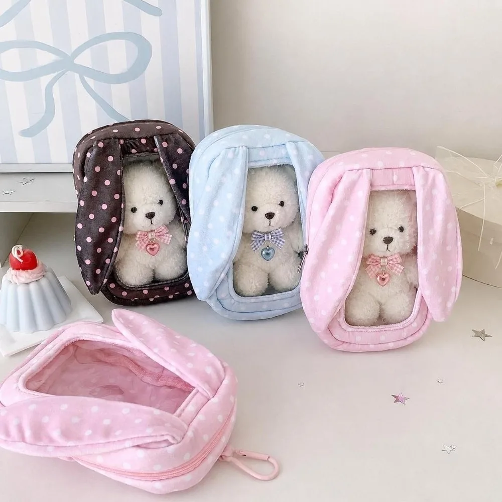 Polka Dot Doll Carrying Bag Transparent Shell Bunny Ear Design Figure Display Bag 3D Stereo Shape 15Cm Toy Carry Case Daily