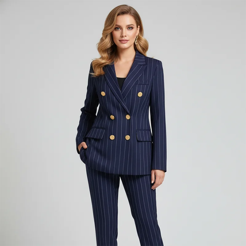 سترة UOOZEE النسائية المخططة باللون الأزرق الداكن مزدوجة الصدر وأكمام طويلة وفضفاضة وأزرار أنيقة بدلة مكتب الأعمال #1