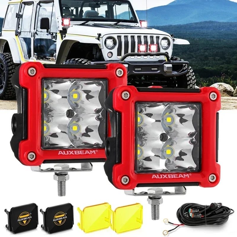 AUXBEAM 3 Inch Square LED Work Light IP67 Waterproof Spot Light with Harness for Truck Pickup Offroad