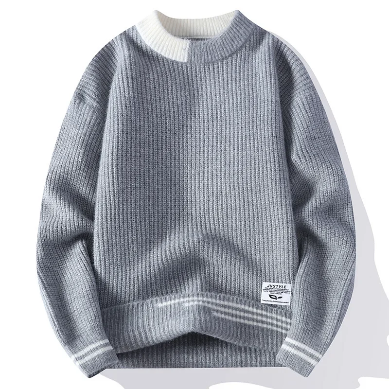 New Men's Versatile Pullover Sweater Fashionable Stripe Color Block Knitted Top Crew Neck Casual Base Shirt Trendy