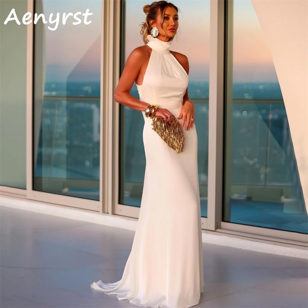 

Aenyrst Simple Halter Mermaid Saudi Arabia Prom Dresses Crepe Bodycon Backless Evening Gowns Floor Length Formal Occasion Dress