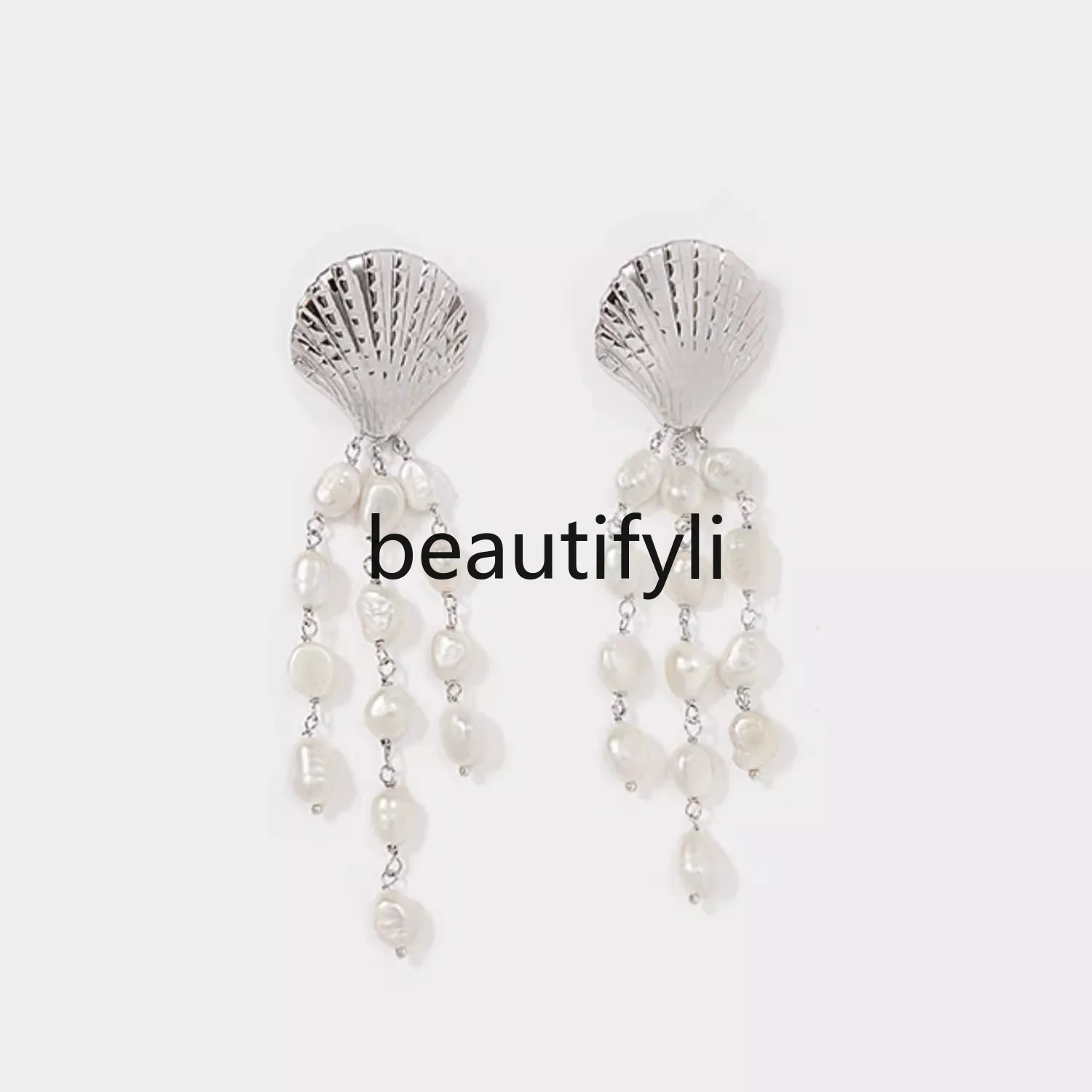 W shell natural pearl earrings fringed exaggerated retro temperament earrings niche design