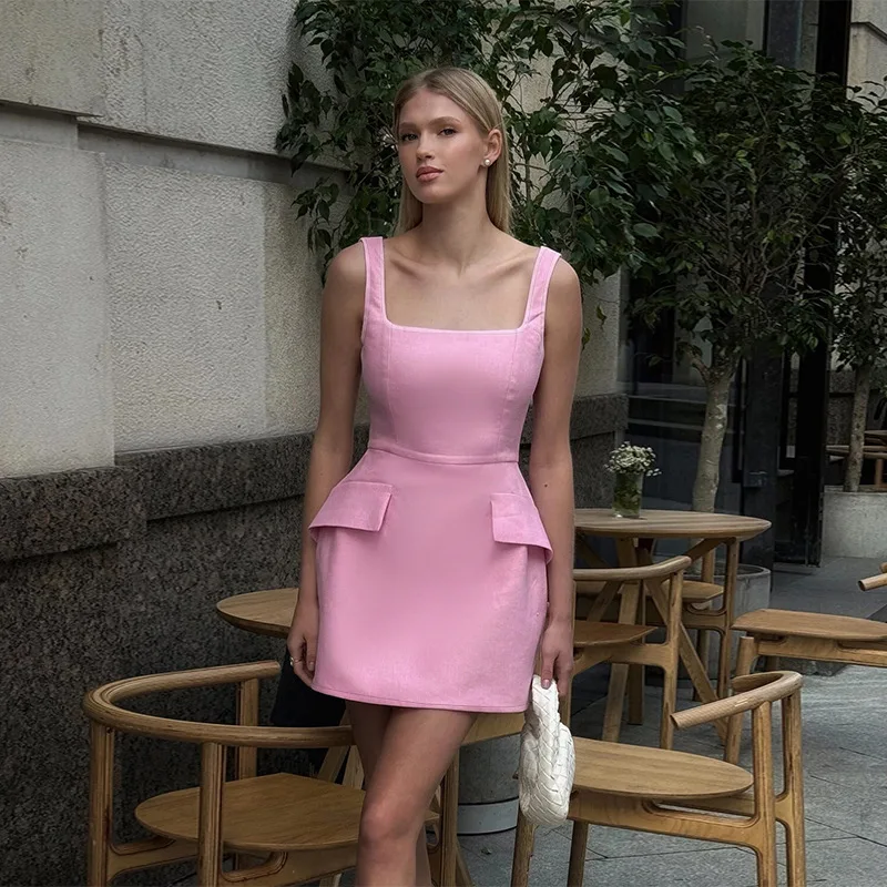 Pink Sleeveless Backless Sexy Mini Dress For Women Fashion Double Pocket Halter Bodycon Club Party Dress 2024 Fall Winter