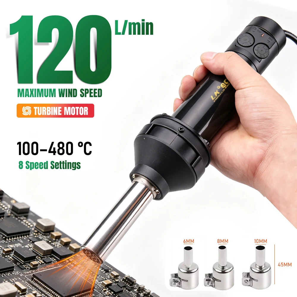 Digital Hot Air Gun Portable Adjustable Temperature Heat Gun SMD Rework Soldering Station for Phone PCB Repair 100-480℃
