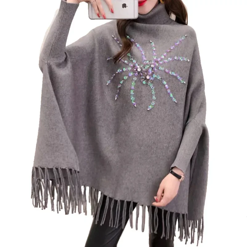 3 Style 4 Colors Winter Warm Knitted High Neck Beading Sequin Sweater Autumn Pullover Fashion Women Loose Tassel Poncho Knitwear