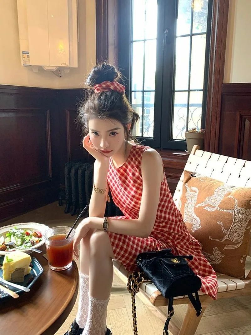 

French Fashion Plaid Sleeveless Dress 2024 Women's Summer Slim and Spicy Girl Waist Tight Short Dresses Female Clothing