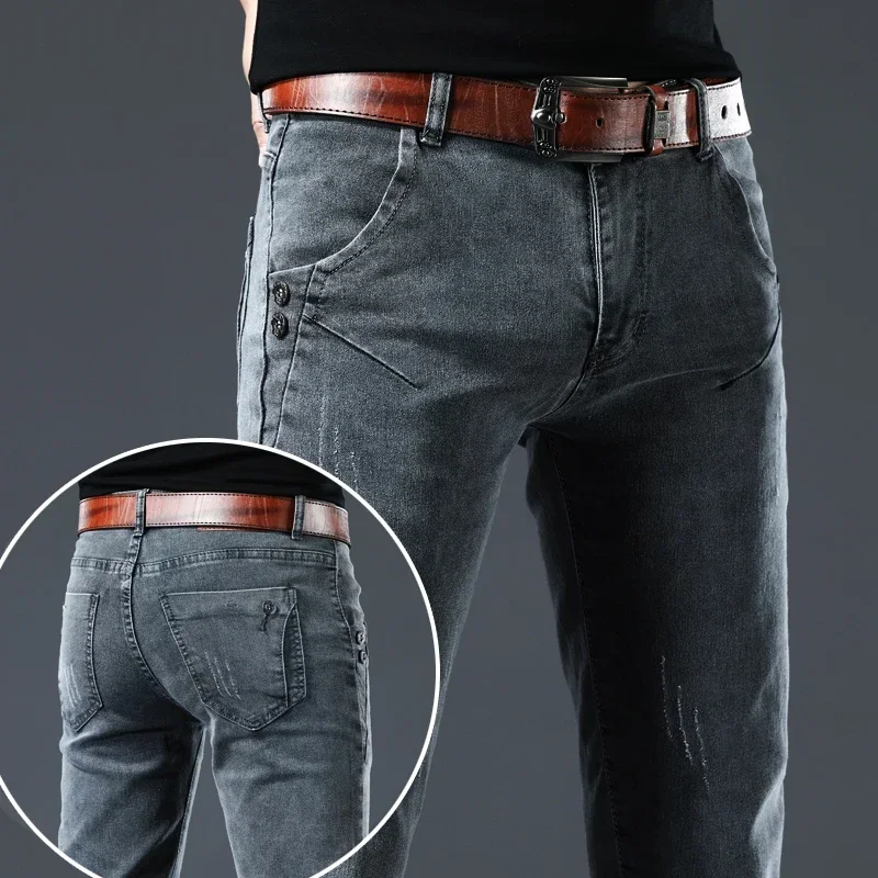 

Brand Clothing Men Jeans Grey Elasticity Slim Skinny Business Casual Classic Edition Type Comfortable Male Denim Pants