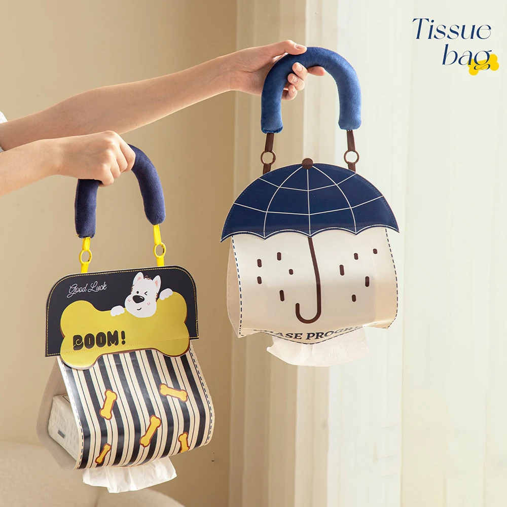Portable Cartoon Hanging Tissue Bag Waterproof Cute Animal Umbrella Pattern Wall Mounted Tissue Bag Cover for Home Bathroom
