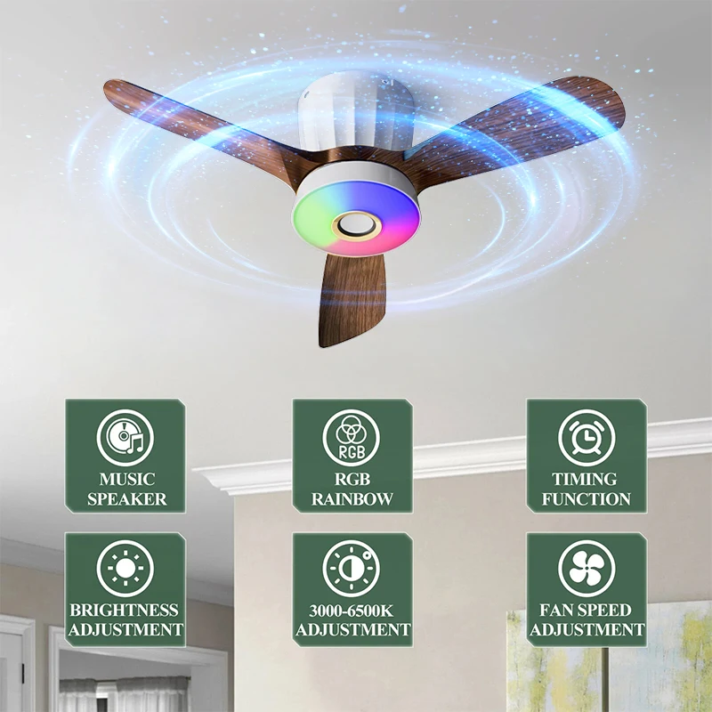 Интеллектуальный трехлистный потолочный вентилятор, светильник для столовой, спальни, гостиной, RGB-музыкальный стиль, потолочный бесшумный вентилятор с высоким ветром