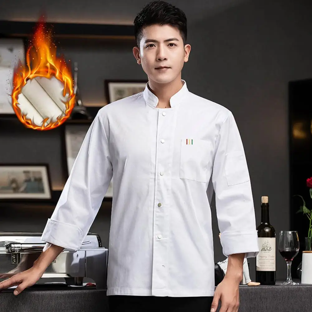 Comfortable Chef Shirt Professional Long Sleeve Chef Uniform for Unisex Kitchen Hotel Canteen Stand Collar Patch Pocket Single